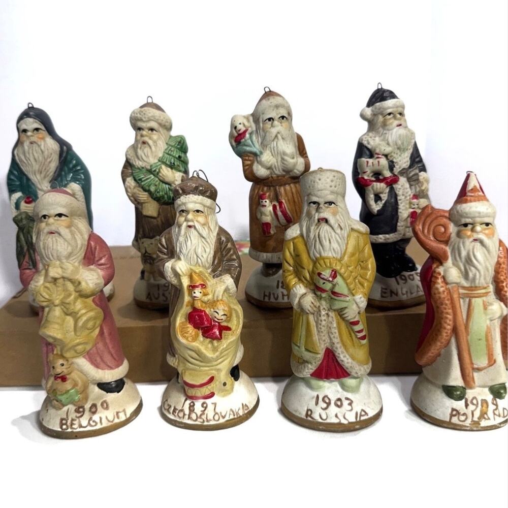 Vintage 1990s Hermitage Santas of the World Ornaments 8 Pc. Set of Santa Clauses